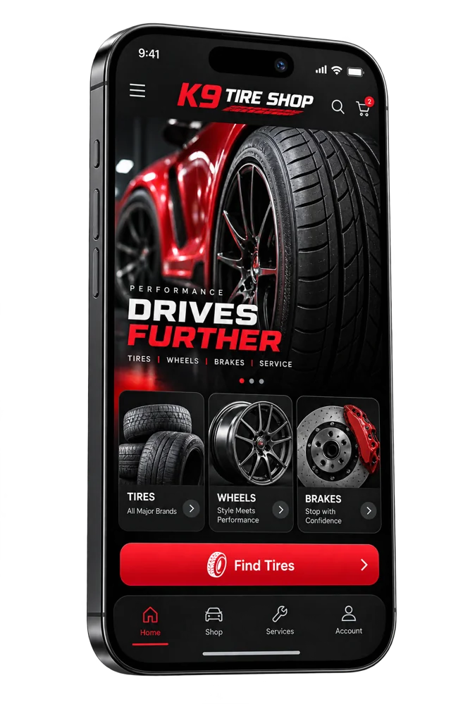 K9 Tire Shop app displayed on a smartphone